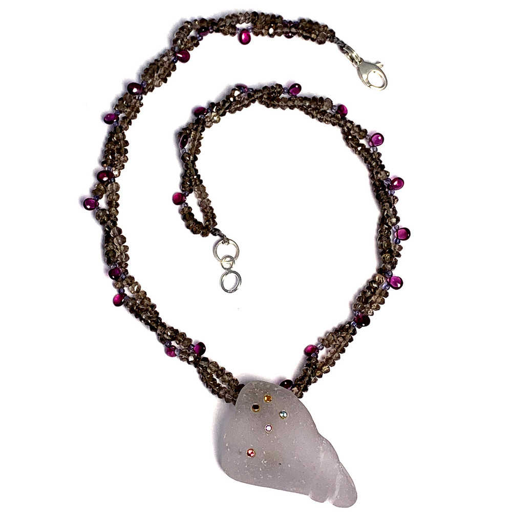 Lavender Bottle Rim with Smokey Quartz and Hot Pink Tourmaline Necklace