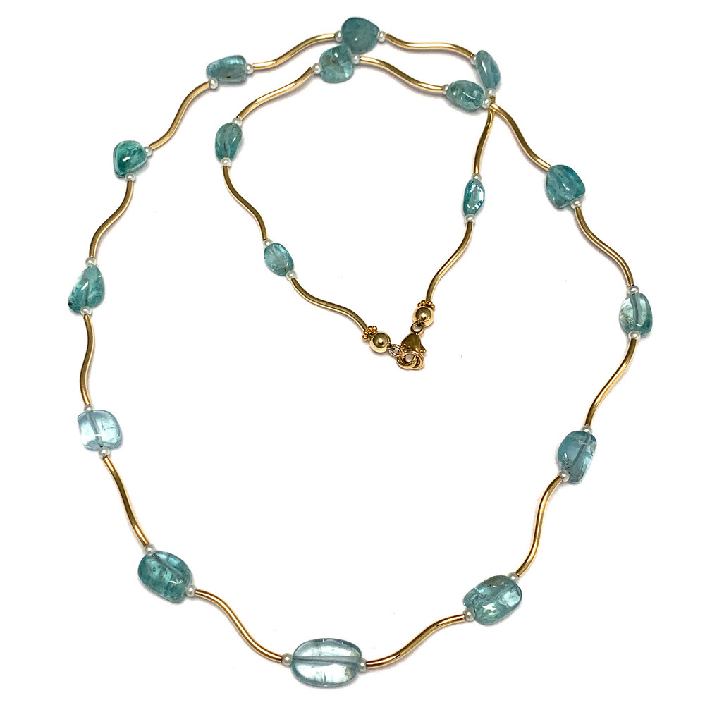 Blue Tourmaline Pebble Wave Necklace in Gold Take II