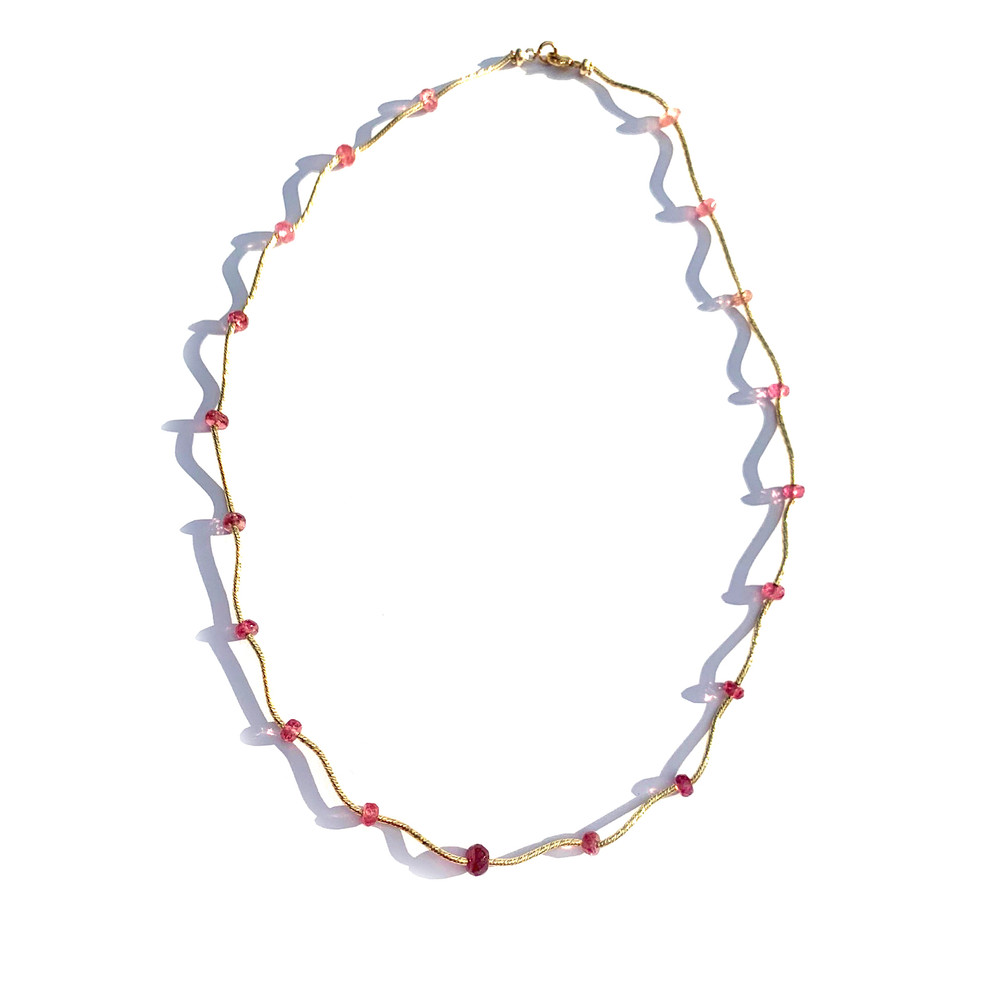 Facetted Pink Tourmaline Wave Necklace in 14K Gold with Florentine Finish