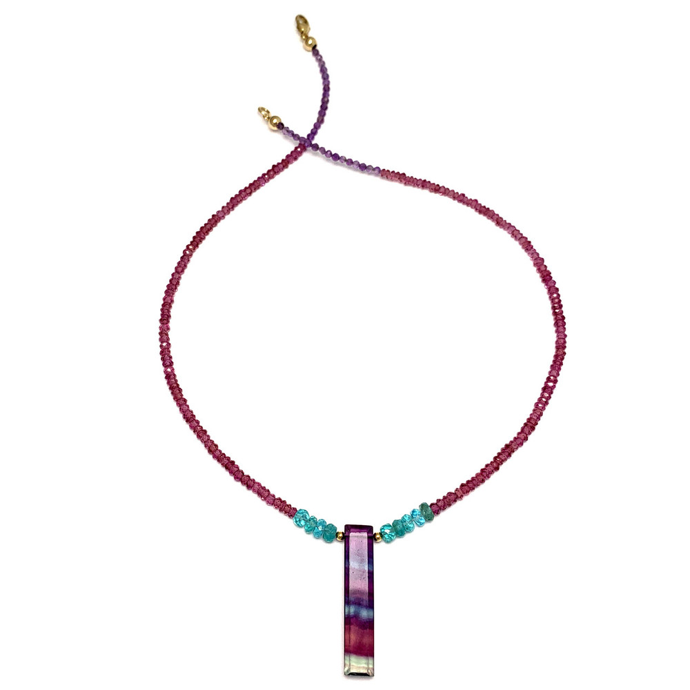 Fluorite Baguette Briolette  Necklace with Garnets and Apatite in 14K Gold