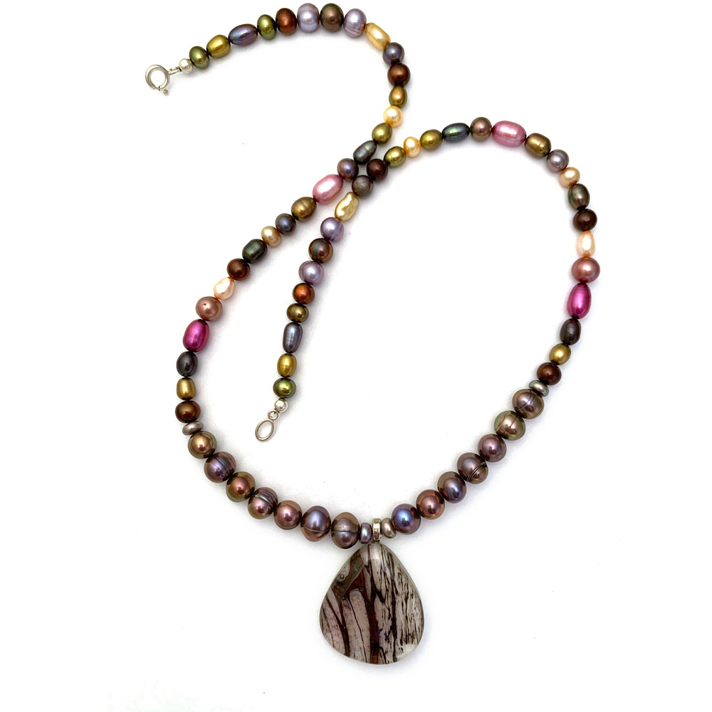Plum Stripes on White Teardrop Art Glass Necklace on Color Enhanced Pearls