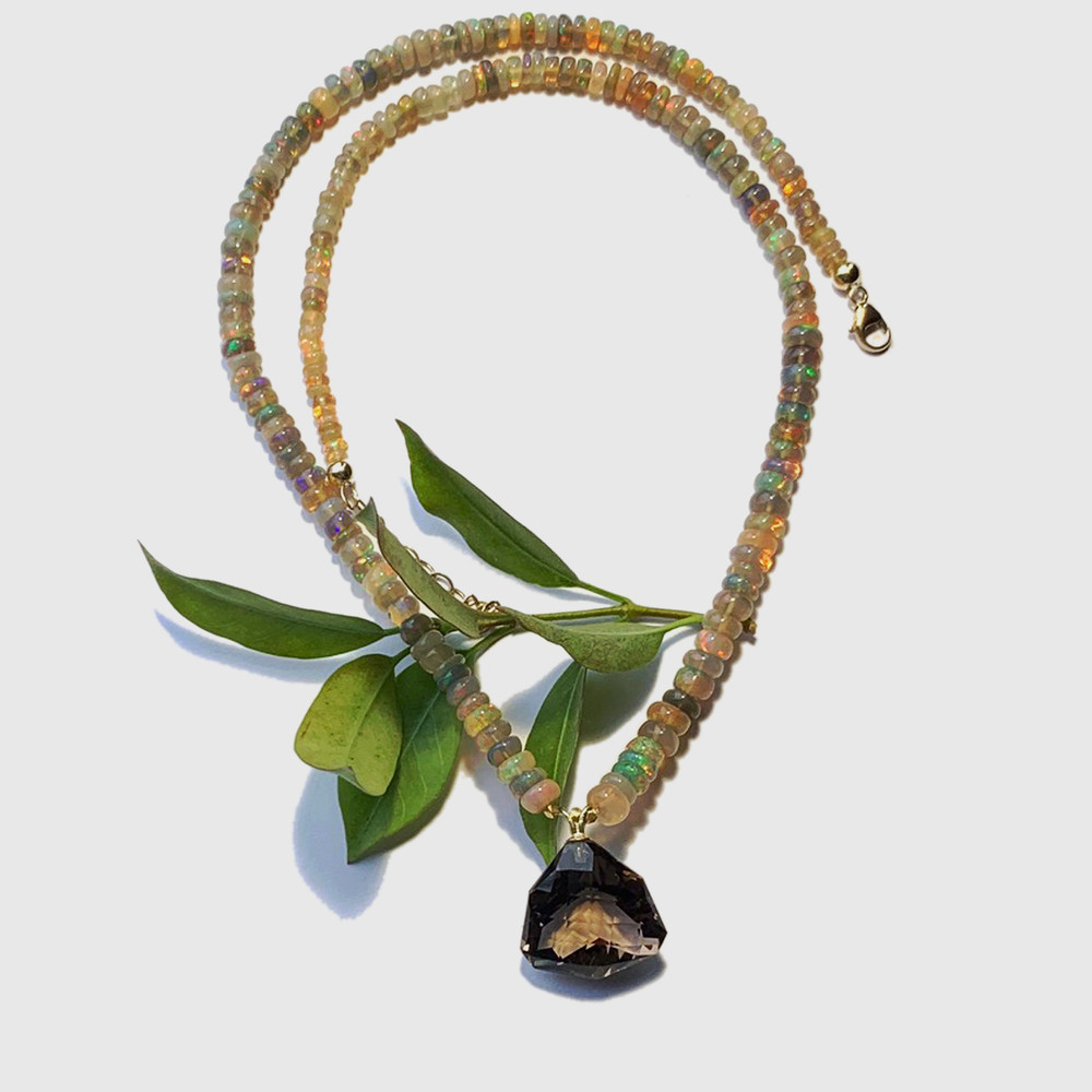 Fancy Smokey Quartz and Etheopian Opal Necklace in 14K Gold