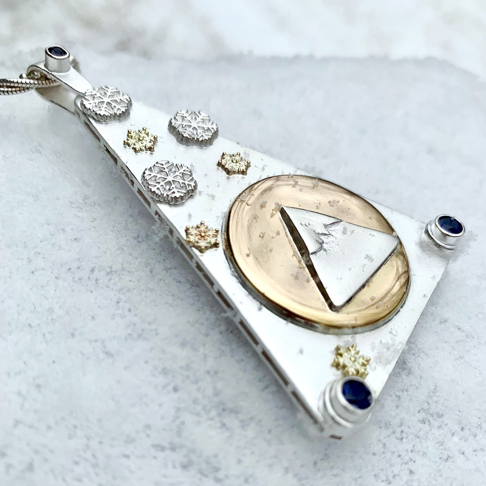 Snowcapped Mountain Statement Necklace in 14K Gold, Silver and Blue Sapphires