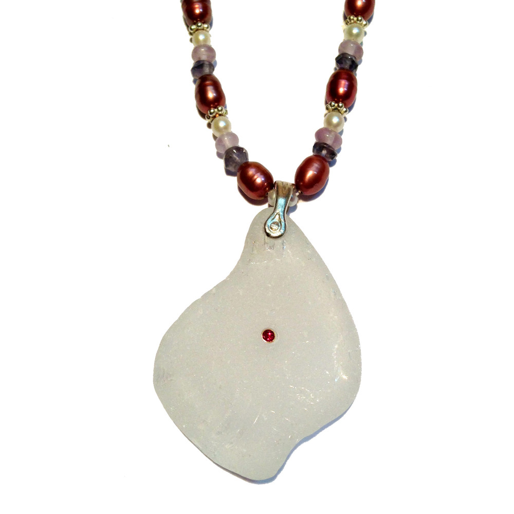 Fun Shape Maine Sea Glass on Color Enhanced Red Pearls, Iolite and Rose Quartz Roundels and White Pearls