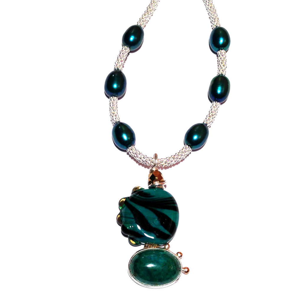 Sassy Sachs Design Art Glass Bead  with Chrysocolla Malachite Cabochon Necklace in Silver