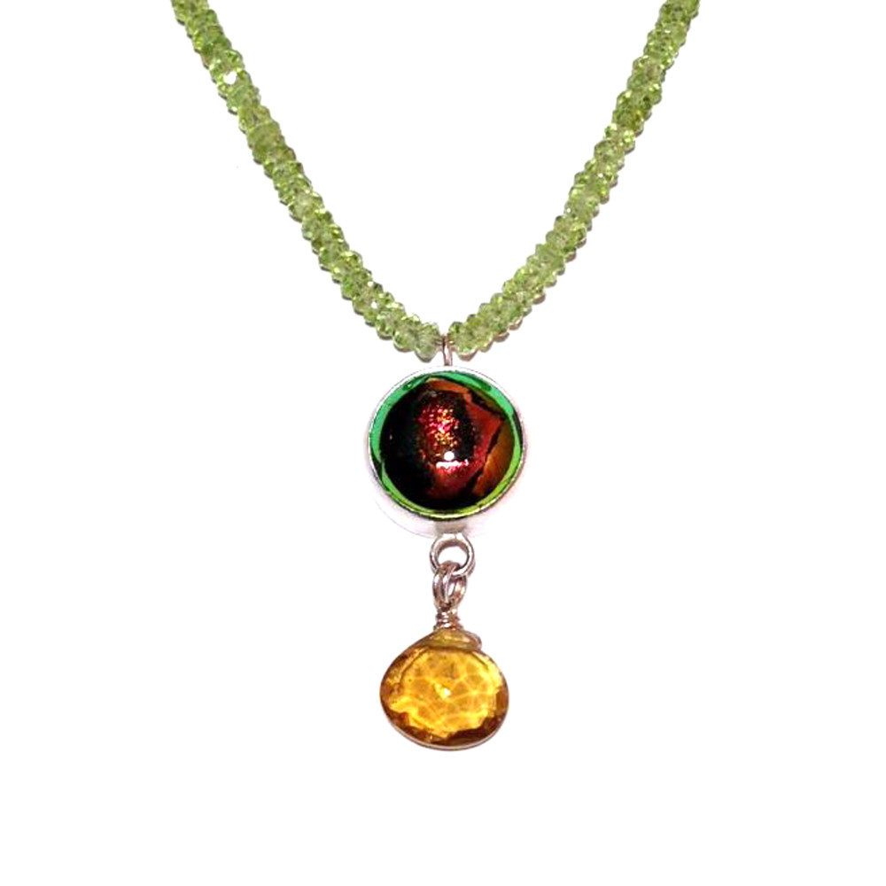 Delicate Sachs Art Glass Cabochon Necklace with Yellow Tourmaline Drop in Silver