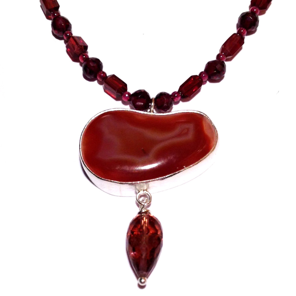 Carnelian Freeform Necklace with Wine Tourmaline Drop on Garnet Texture Beads in Silver