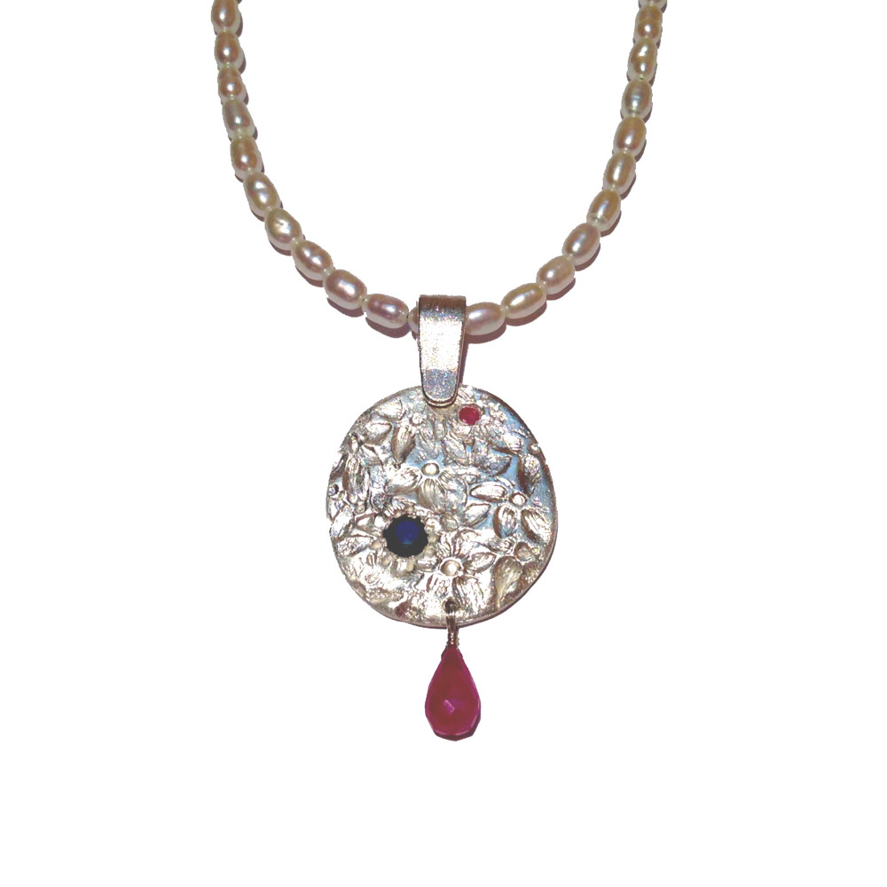 Fine Silver Flower Medallion with Ruby Briolette Dangle