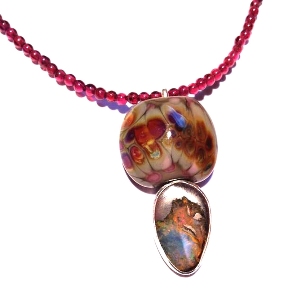 Boulder Opal and Lisajoy Sachs Artglass Bead Necklace in Silver on Garnets