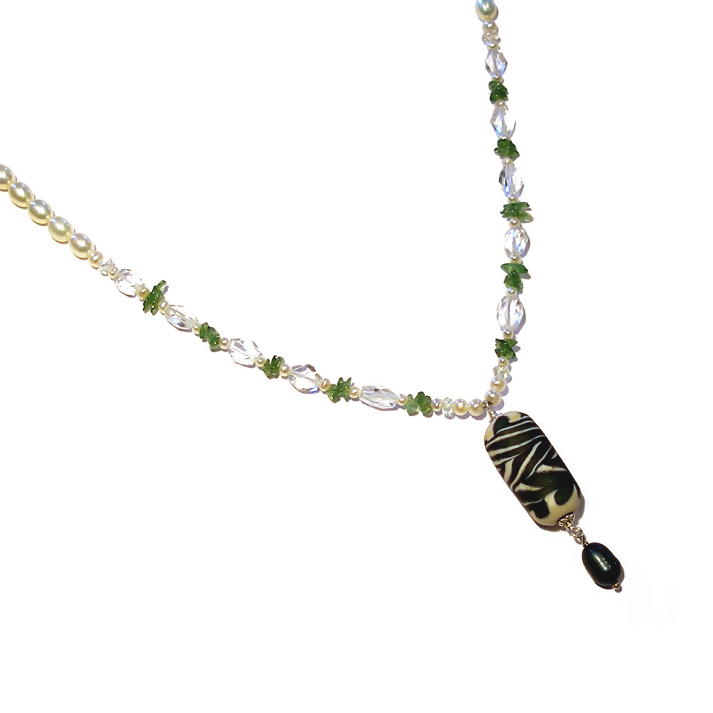 Sachs Green Zigzag Art Glass Necklace with Pearls, Tsavorite Garnets and White Topaz