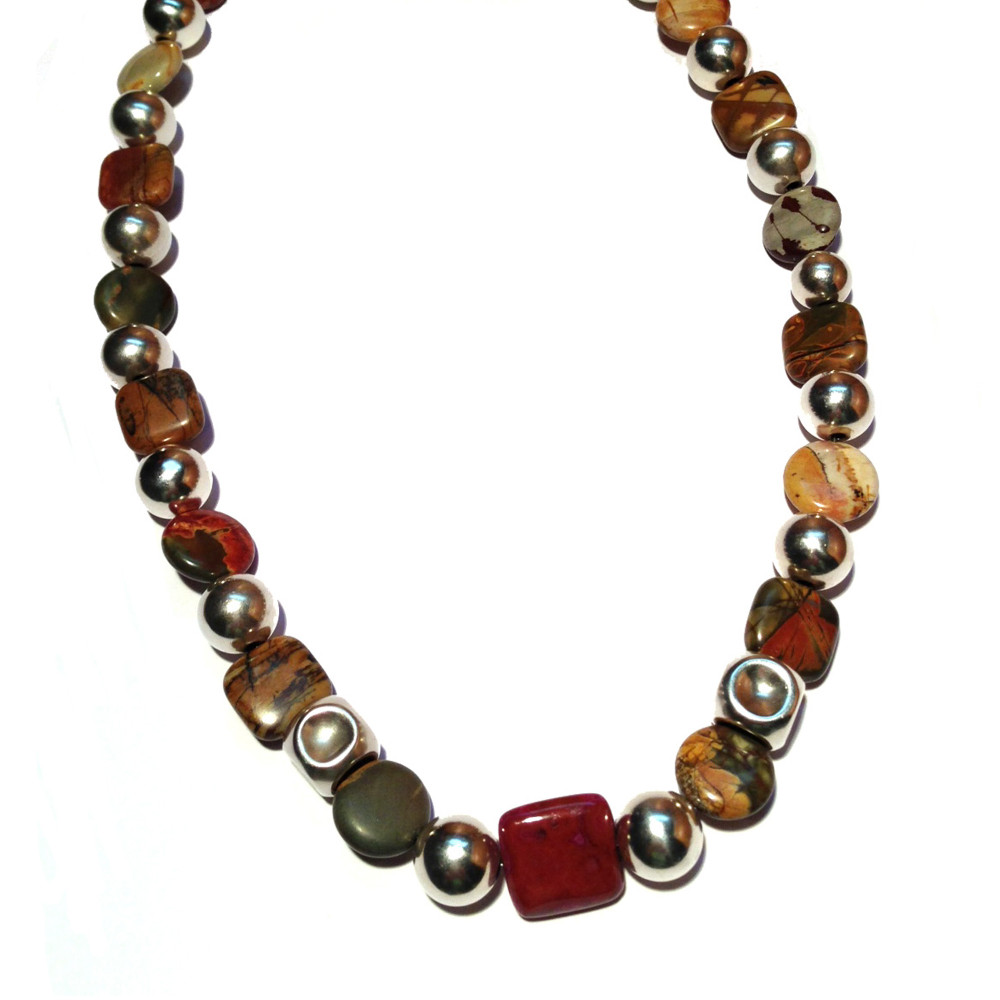 Jasper Multiple Focal Bead Revved-Up Necklace with Large Round Silver Beads