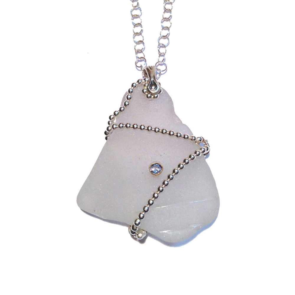 Maine Sea Glass with Inset Aquamarine Pinch Bail Necklace with Decorative Wire Design in Silver