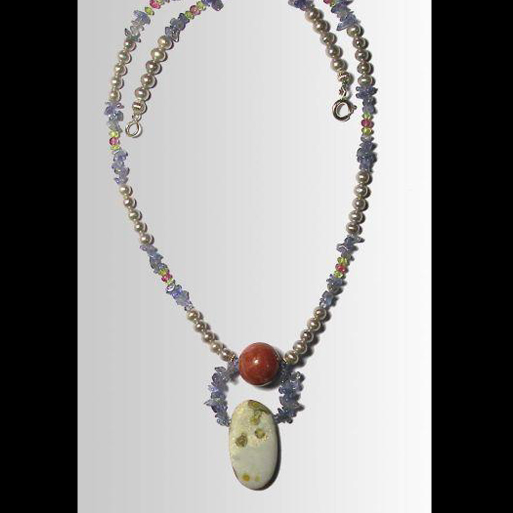 Ocean Jasper and Rhodonite Lavender Link Necklace with Tanzanite Pebbles Pearls and Rhodonite Garnets