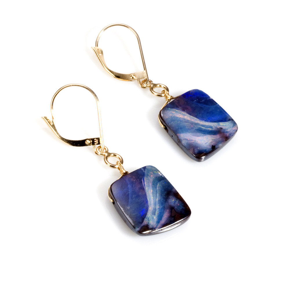 Square Boulder Opal Dangle Earrings in Gold