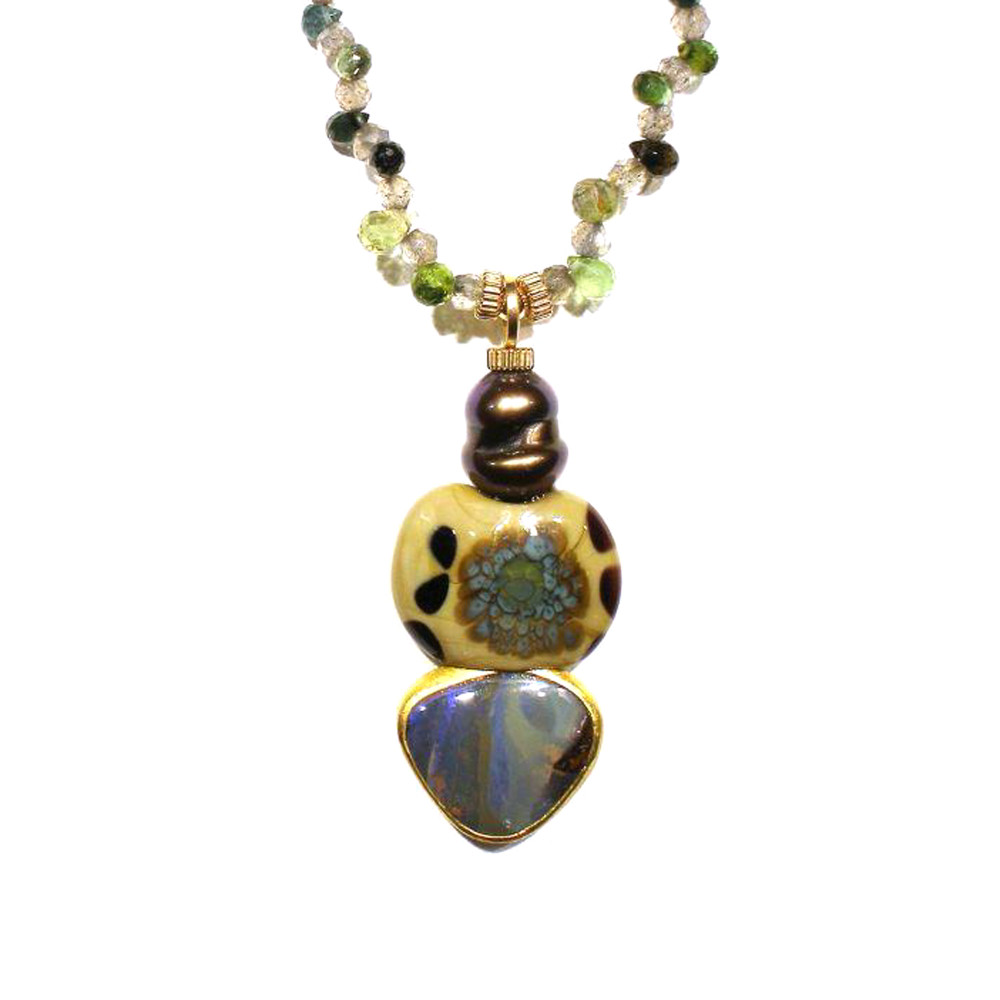 Sachs Art Glass Bead and Australian Boulder Opal Mushroom Necklace with Freshwater Cultured Bronze Pearl, Peridot, Green Citrine, and Labradorite Beads in Gold