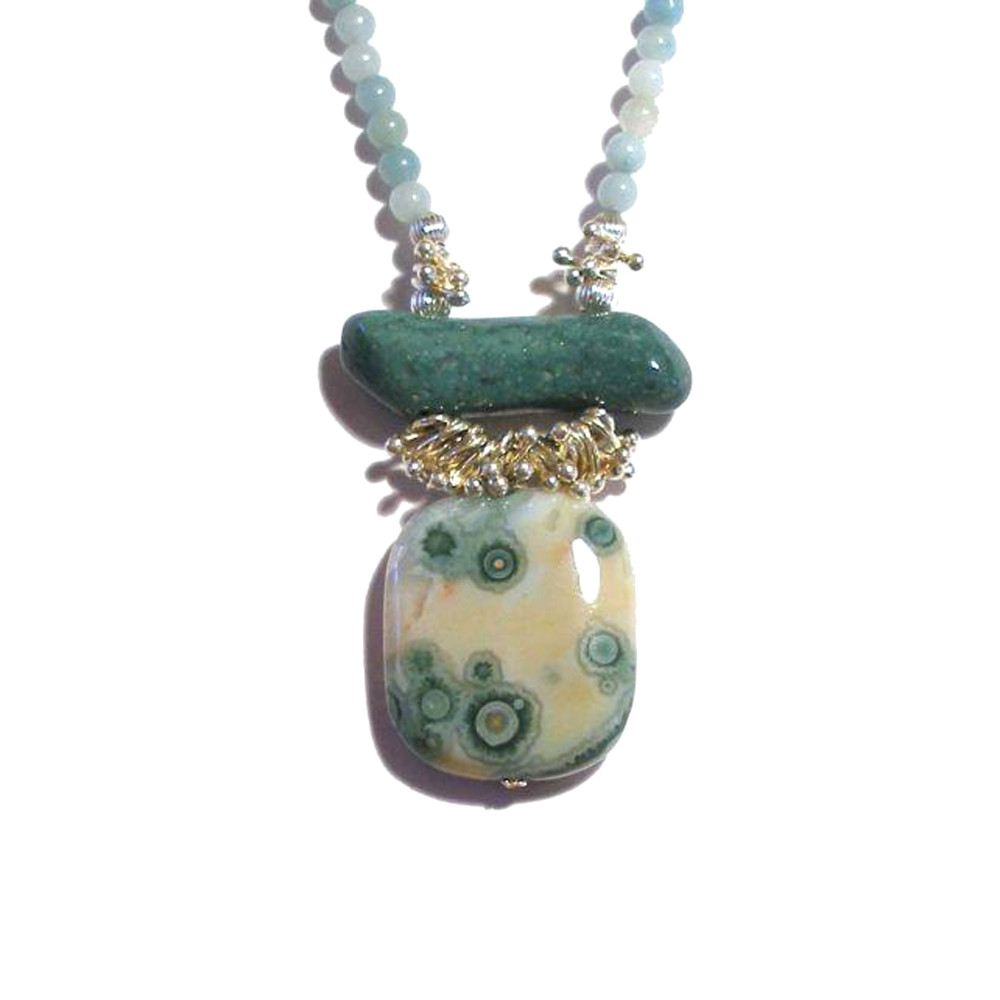 Seafoam Green Ocean Jasper Pagoda Necklace with Silver Jacks and Amazonite