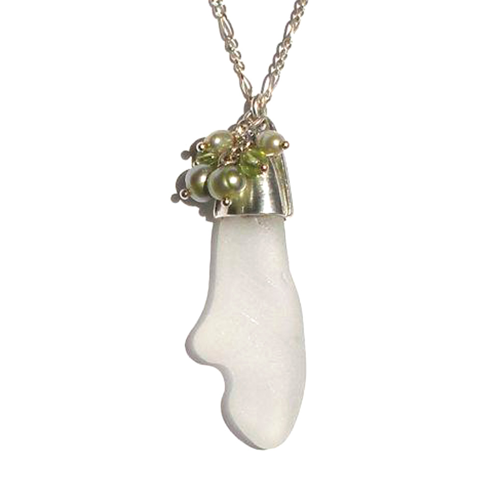 Frosted Coral Branch Shape Sea Glass Necklace in Heavy Silver Cap with Peridot and Lime Pearl Cluster on Silver Figaro Chain