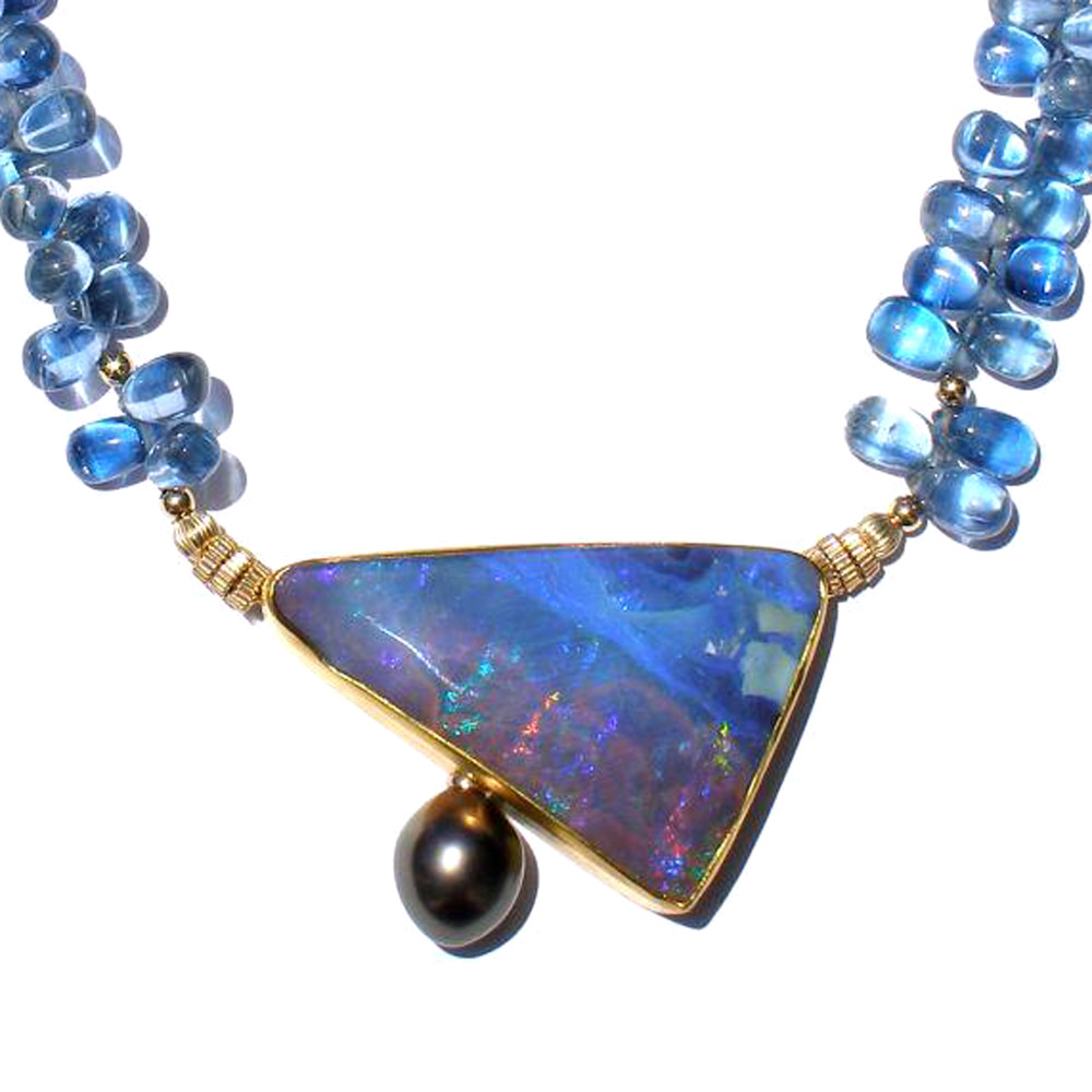 Big Boulder Opal and Tahitian Pearl on Rare Kyanites in Gold Big Boulder Opal and Tahitian Pearl on Rare Kyanites in Gold
