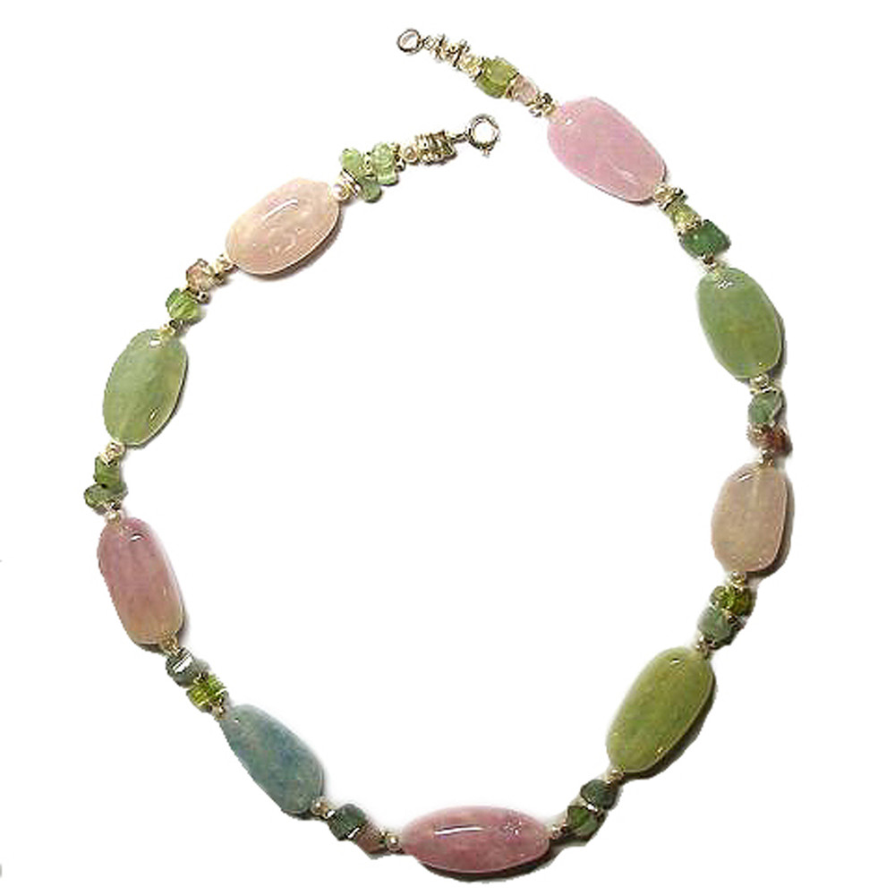 Tourmaline, Morganite, Aquamarine, and Beryl, Necklace with Silver Sticks and Pearl Accents