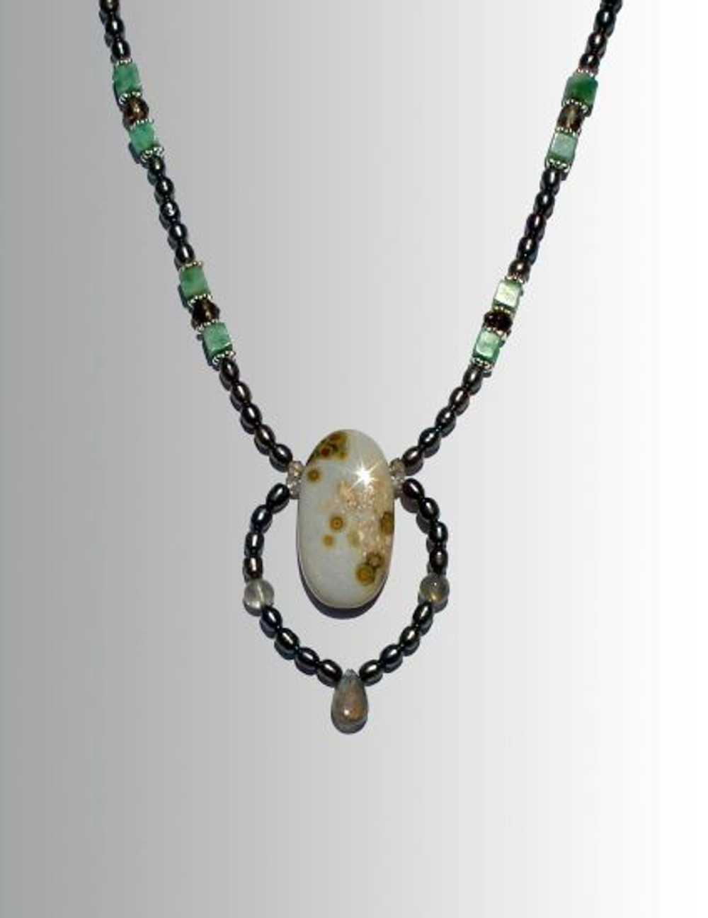 Ocean Jasper Links Necklace with Labradorite, Green Amazonite Cubes Peacock Pearls and Daisy Accents