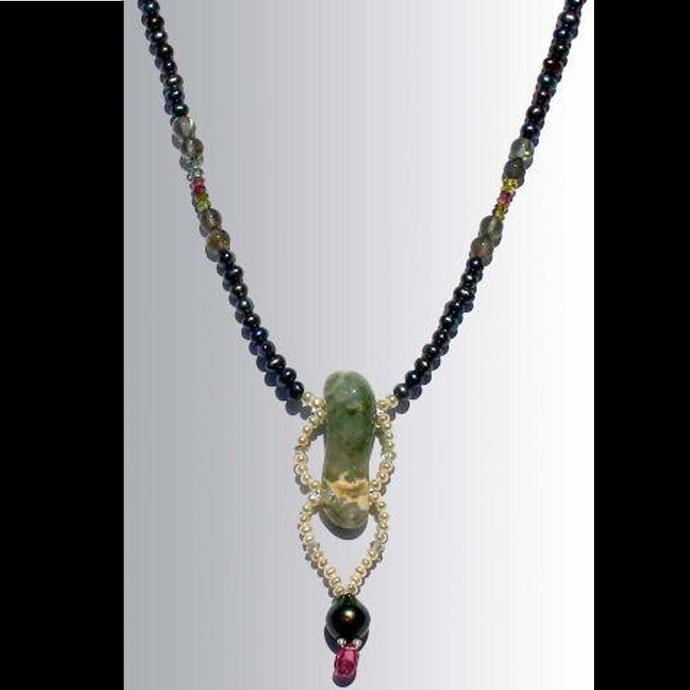 Ocean Jasper Spring Links Necklace with Pink Tourmaline Drop White Seed Pearls Peacock Pearls Labradorite and Tourmaline Beads