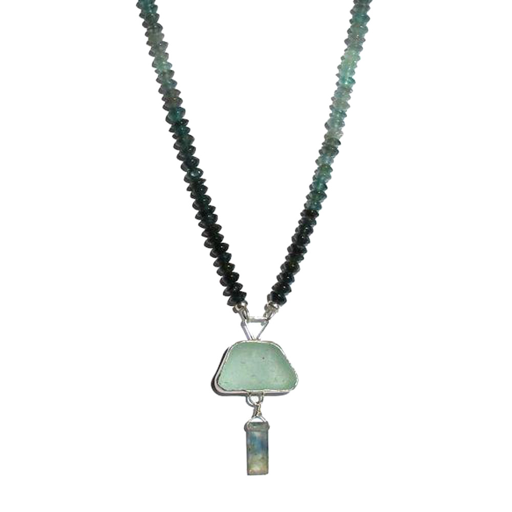 Bar Harbor Collection-Geometric Ice Seaglass Necklace with Bicolor Tourmaline Baguette Drop on Blue Tourmalines  in Silver