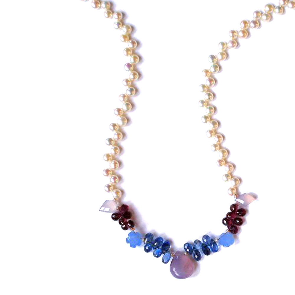 Chalcedony, Kyanite, Rhodolite Garnet and Rose Quartz Lucky Charms Necklace on Dancing White Pearls