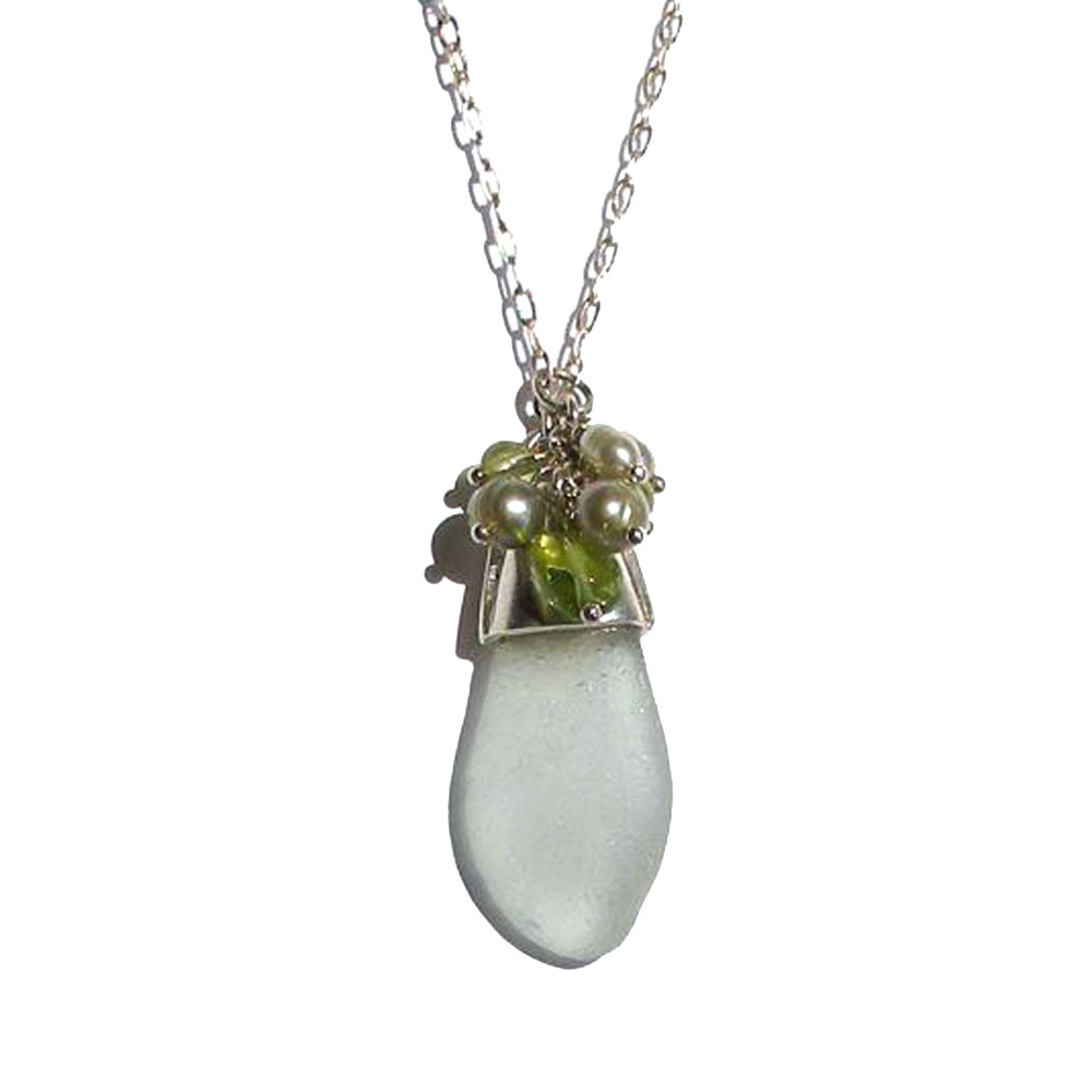 Bar Harbor Collection-Very Light Green Sea Glass Necklace in Silver