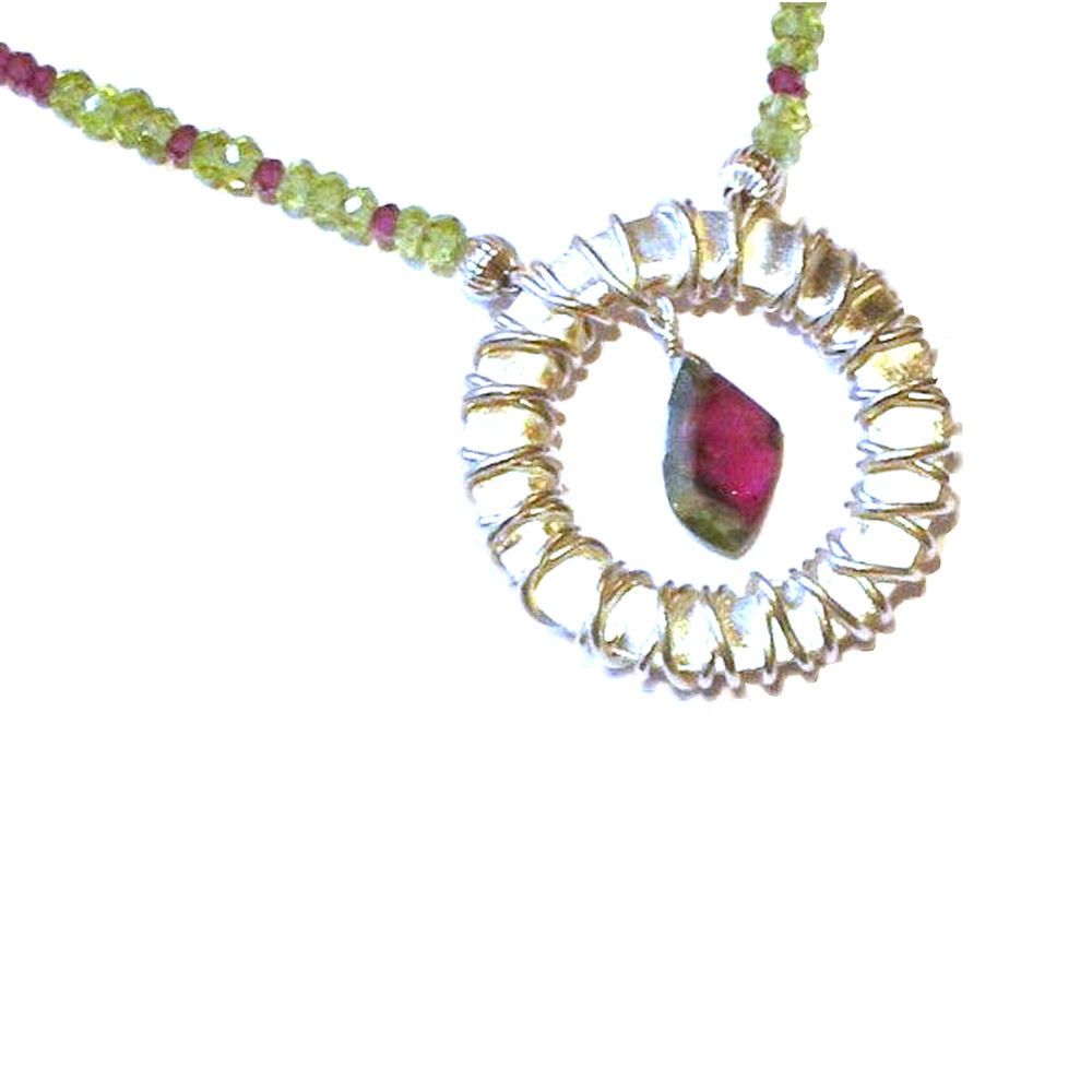 Watermelon Tourmaline with Peridot and Garnets in Silver Ring Necklace Take II