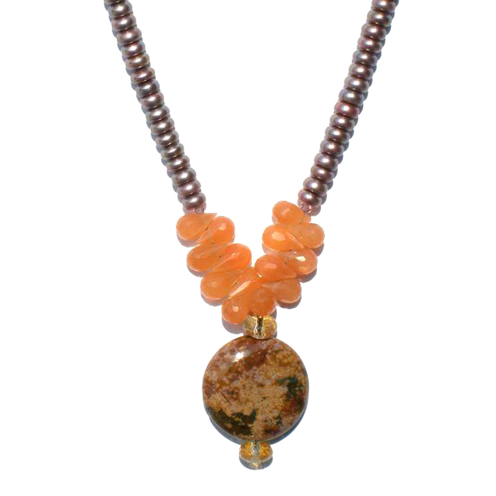 Fall Jasper Necklace with Peach Moonstones, Citrine, and Mauve Color Enhanced Pearls