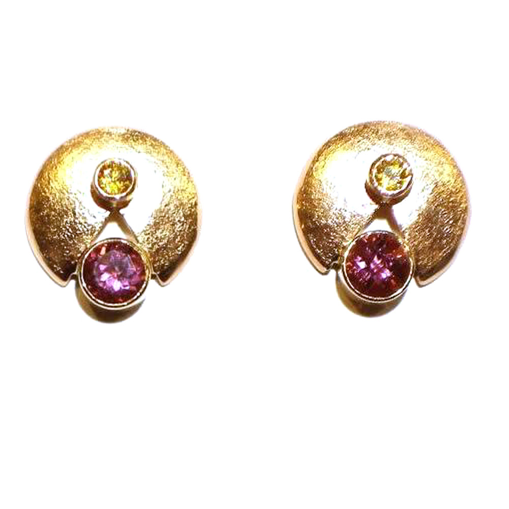 14k Gold Lily Pad Earrings with Pink Tourmalines with Yellow Sapphire Accents