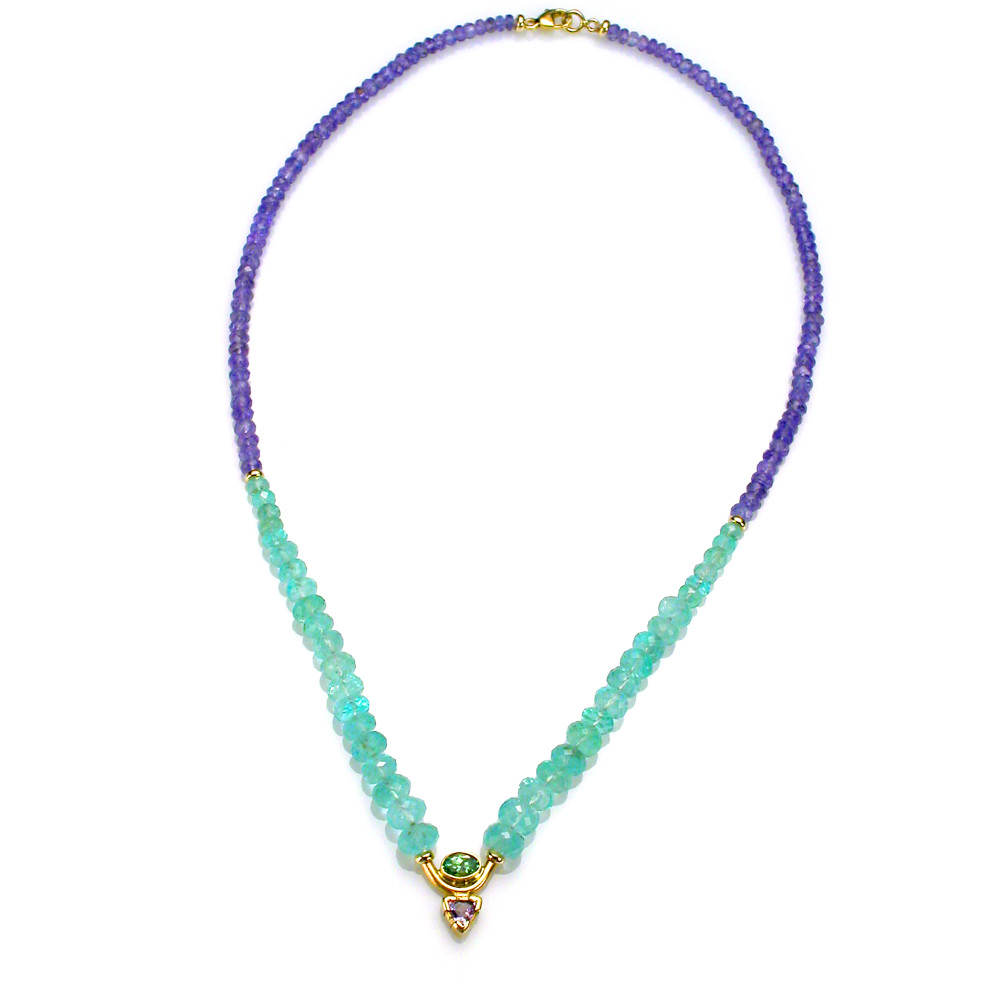 Tanzanite and Tsavorite Garnet Infinity Necklace on Facetted Emerald and Tanzanite Beads in Gold