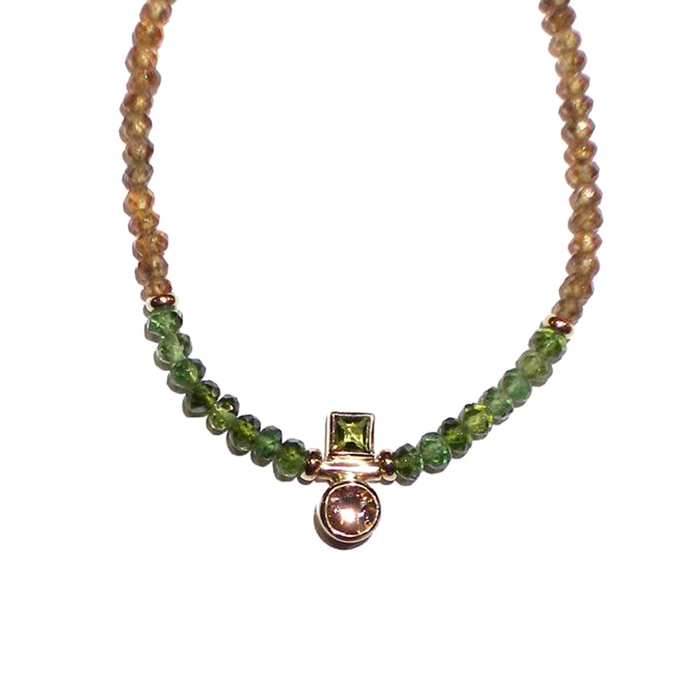 Green Tourmaline and Champagne Topaz Infinity Necklace in Gold