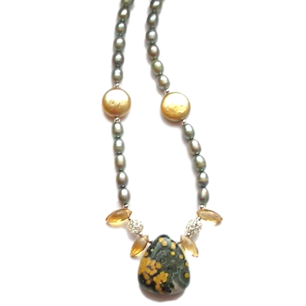 Ocean Jasper with Citrine Marquis Briolettes and Gold and Seafoam Pearls