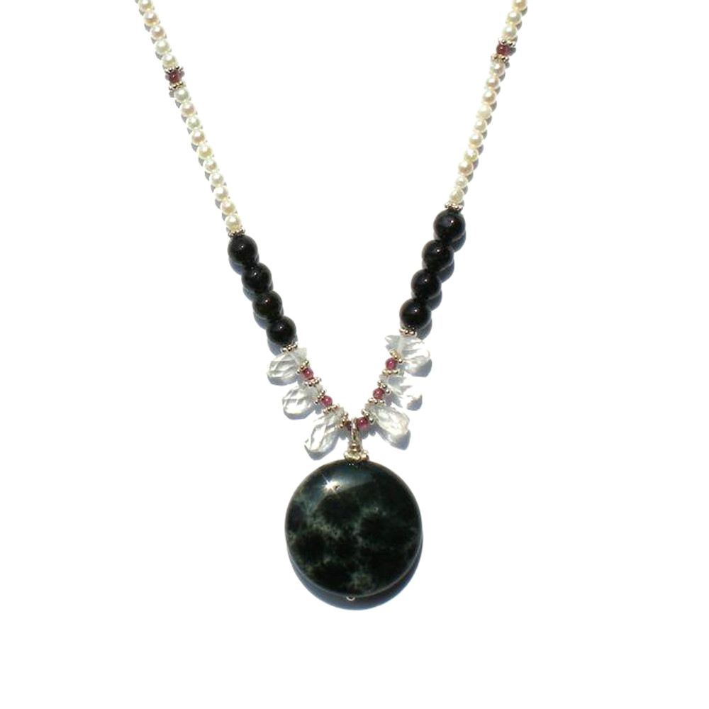 Ocean Jasper Formal Necklace with Quartz Crystal Briolettes Black Tourmaline Garnet Accents and Seed Pearls