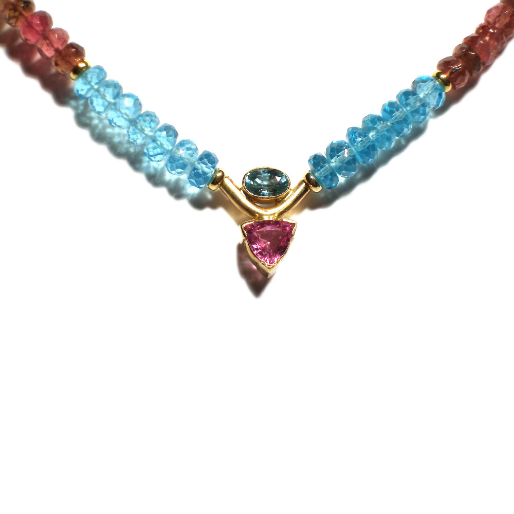 Blue Zircon and Pink Sapphire Infinity Necklace in Gold with Apatite and Pink Tourmaline Beads