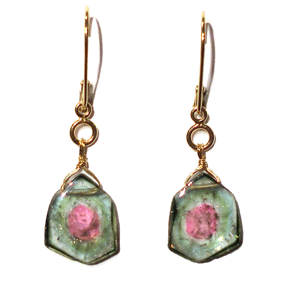 Mighty Mint; Watermelon Tourmaline Dangles in Gold