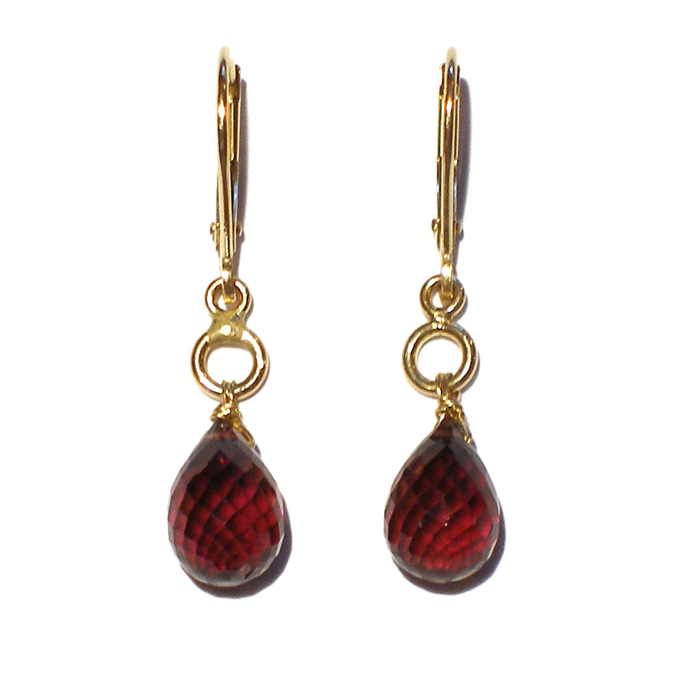 Red Tourmaline Briolete Leverback Dangle Earrings in Gold