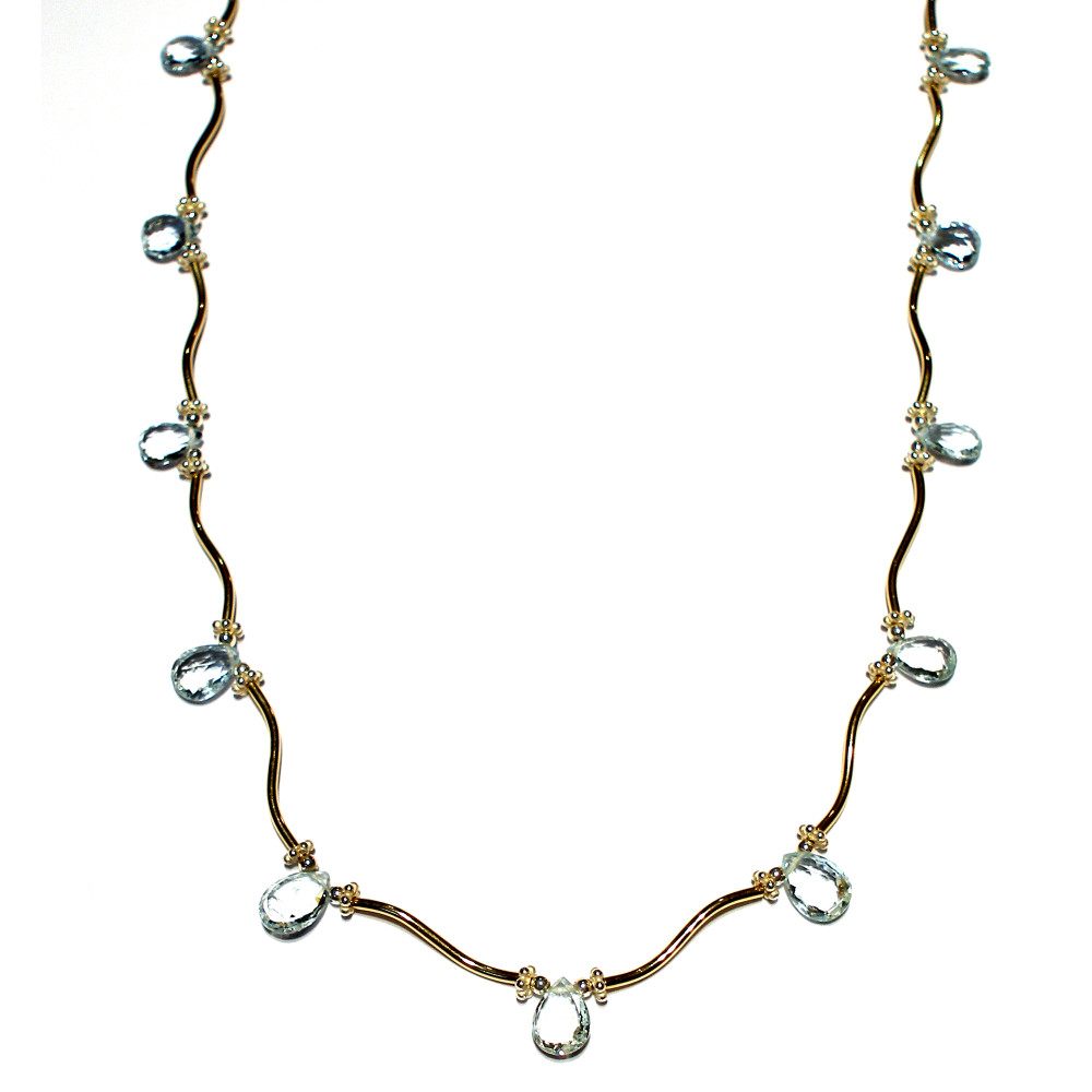 Aquamarine Teardrop Briolette Wave Necklace in Silver and Gold