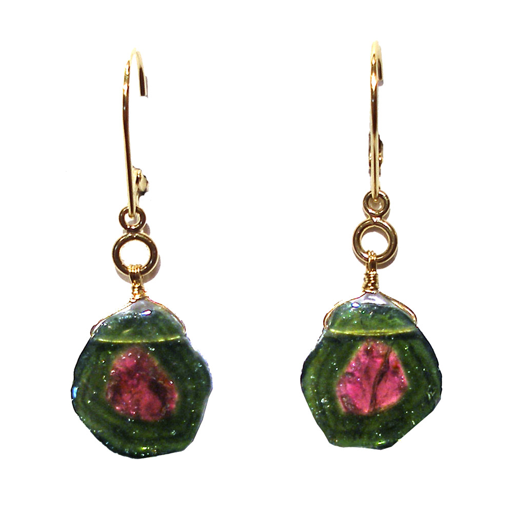 Perfect Watermelon Tourmaline Slice Leverback Dangle Earrings in Gold