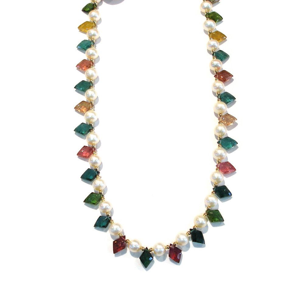 Queens Diamond Shaped Facetted Tourmaline Briolette and Pearl Necklace in Gold