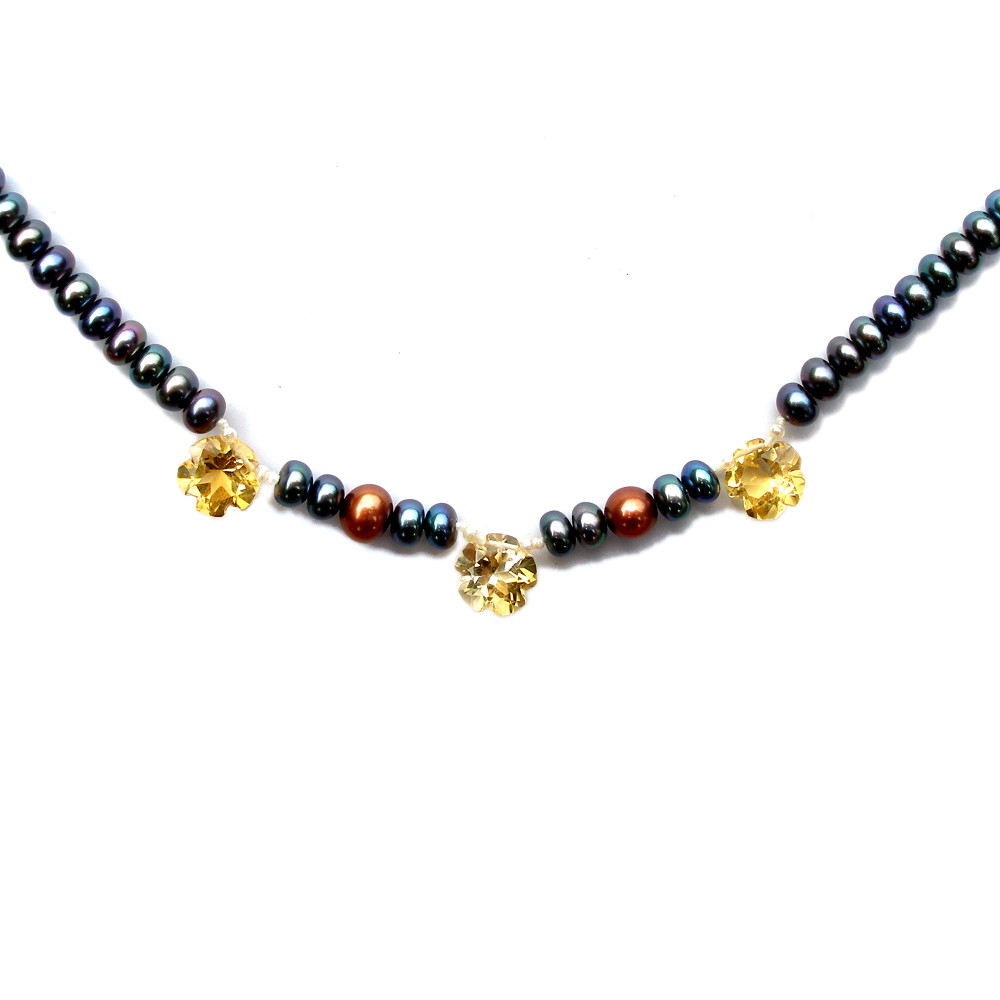 Citrine Flower Trio Necklace on Peacock Pearls