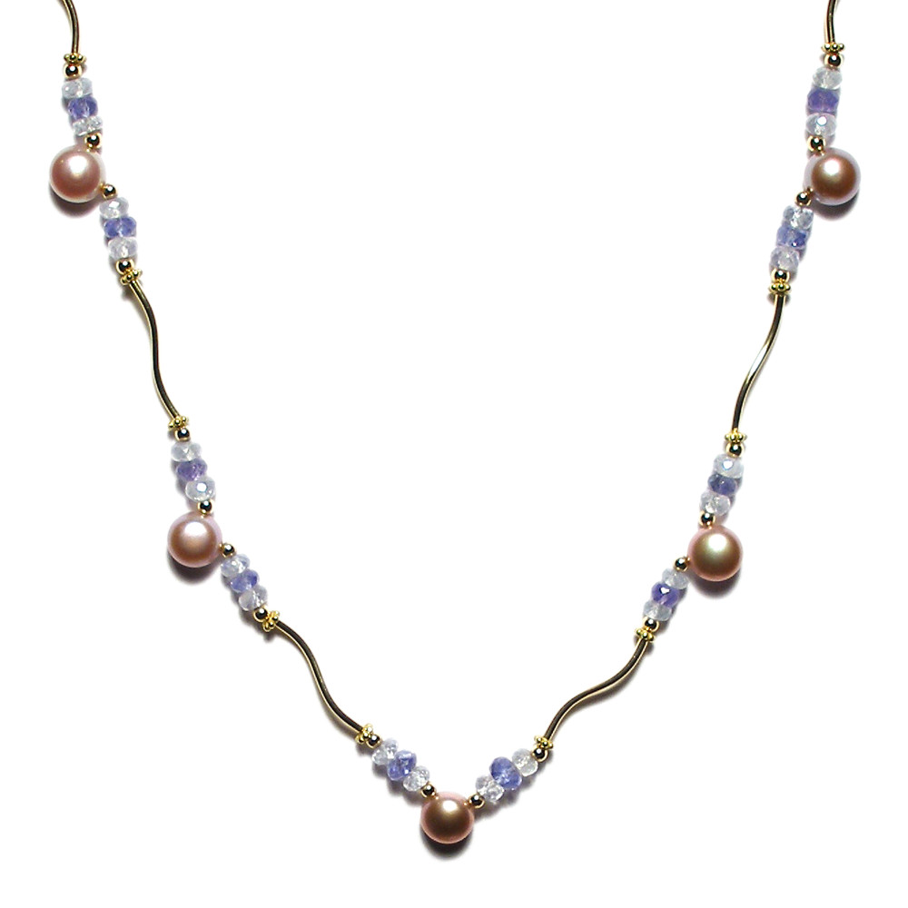 Pink Pearl, Sapphire & Tanzanite Wave Necklace in Gold