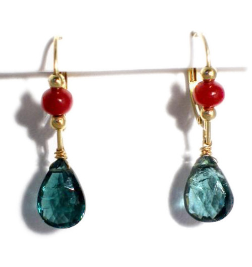 Indicolite Tourmaline with Ruby Accent Dangle Earrings Accent Dangling Earrings