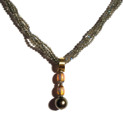 Vintage Beads and Aubergine Tahitian Pearl Enhancer on Labradorite Beads in Gold