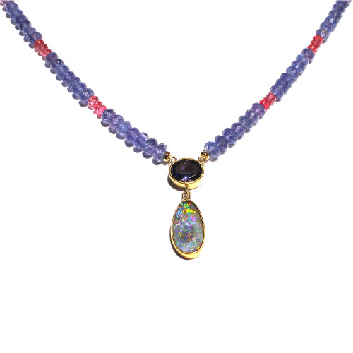 Boulder Opal and Iolite La Valier Necklace on Tanzanite and Pink Spinel Beads