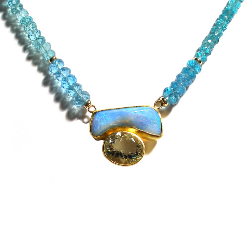 Aqua and Opal Necklace on Apatite in Gold