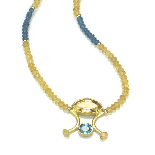 Blue Zircon and Golden Beryl Whimsy Necklace in Gold with Citrine and Apatite Beads Take II