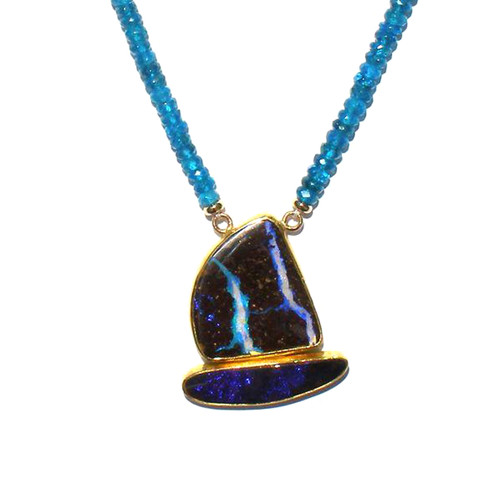 Boulder Opal Sailboat with Apatite Beads in Gold