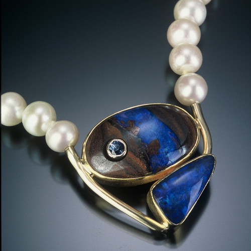 Boulder Opal Duo Necklace with Inset Sapphire on Pearls in Gold